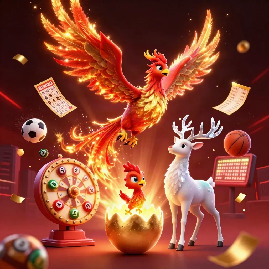 Phoenix, stag, and casino icons burst in neon sports energy over a dark red skyline.