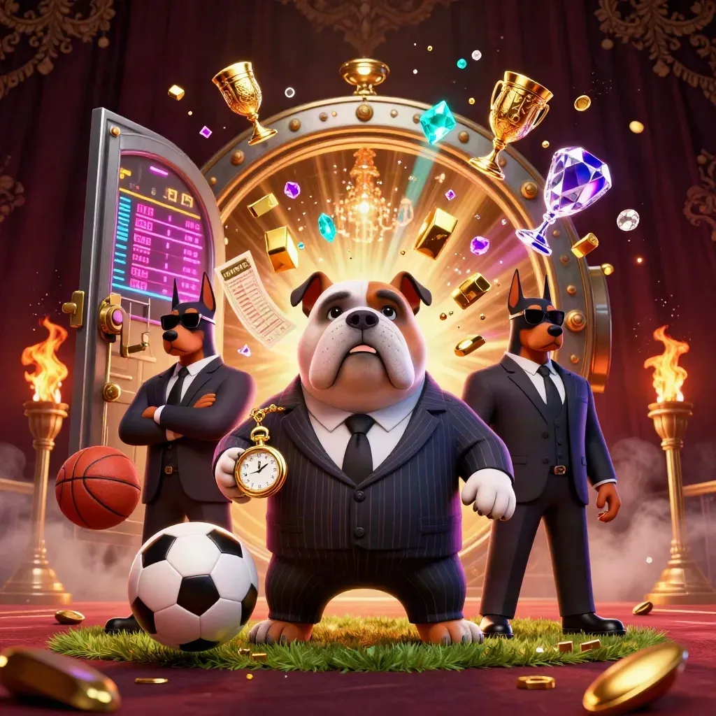 Low-angle bulldog boss and doberman guards amid vault gold, soccer ball, and neon casino glow