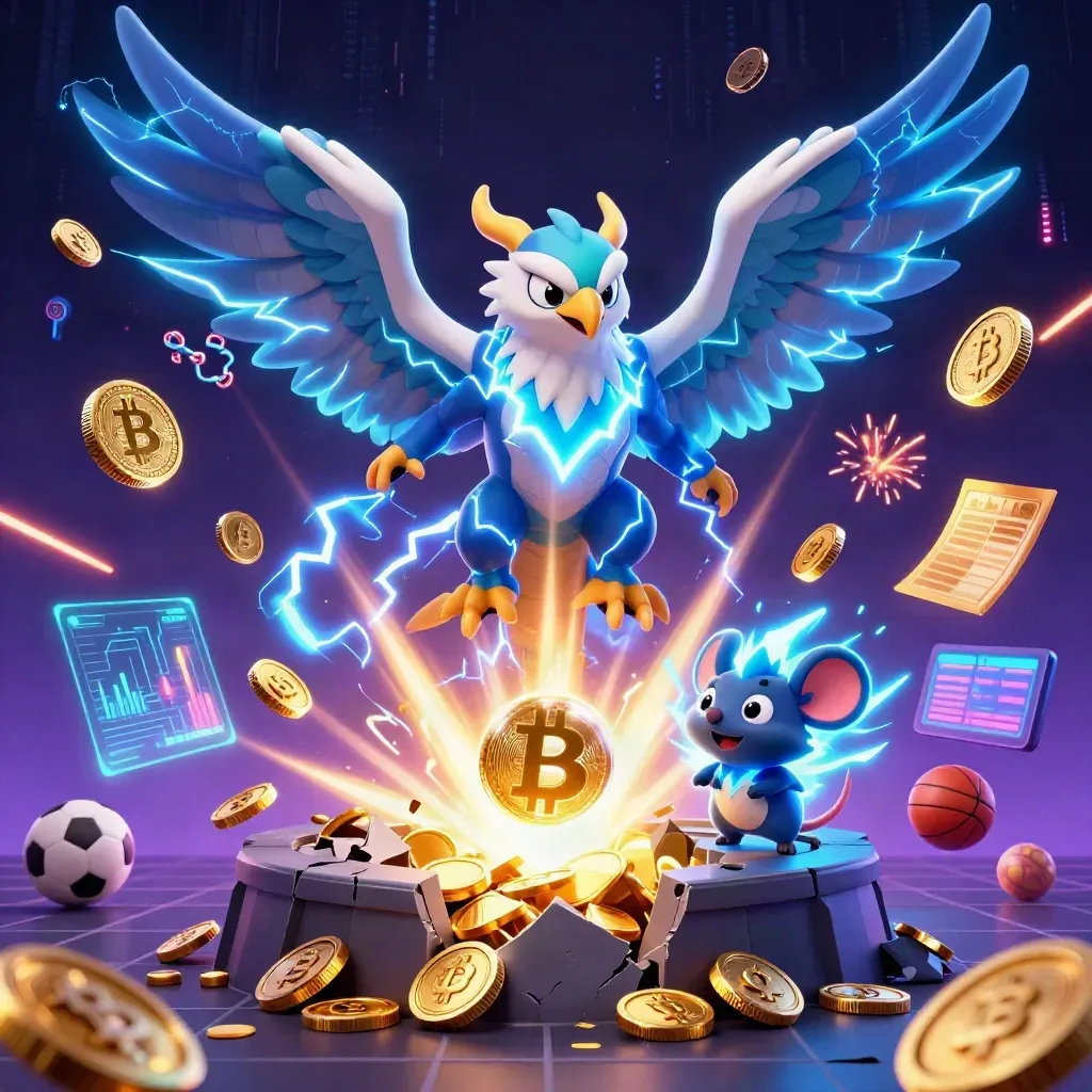 Thunder dragon, winged hawk and crackling mouse amid coins, sports props and neon casino treasure.