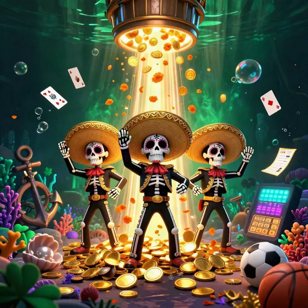 Skeleton mariachi trio amid treasure, coins, coral, sports props, and glowing casino lights.