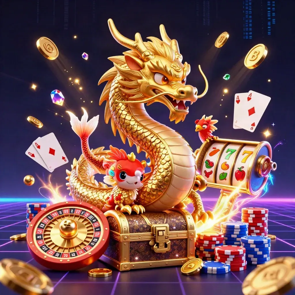 Golden dragon with phoenix and koi amid casino chips, cards, coins, and a roulette wheel in neon key art.