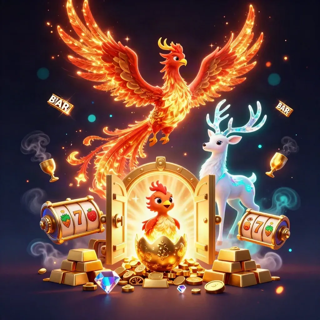 Phoenix, stag and hatching chick amid gold vault loot on a dark neon casino backdrop.