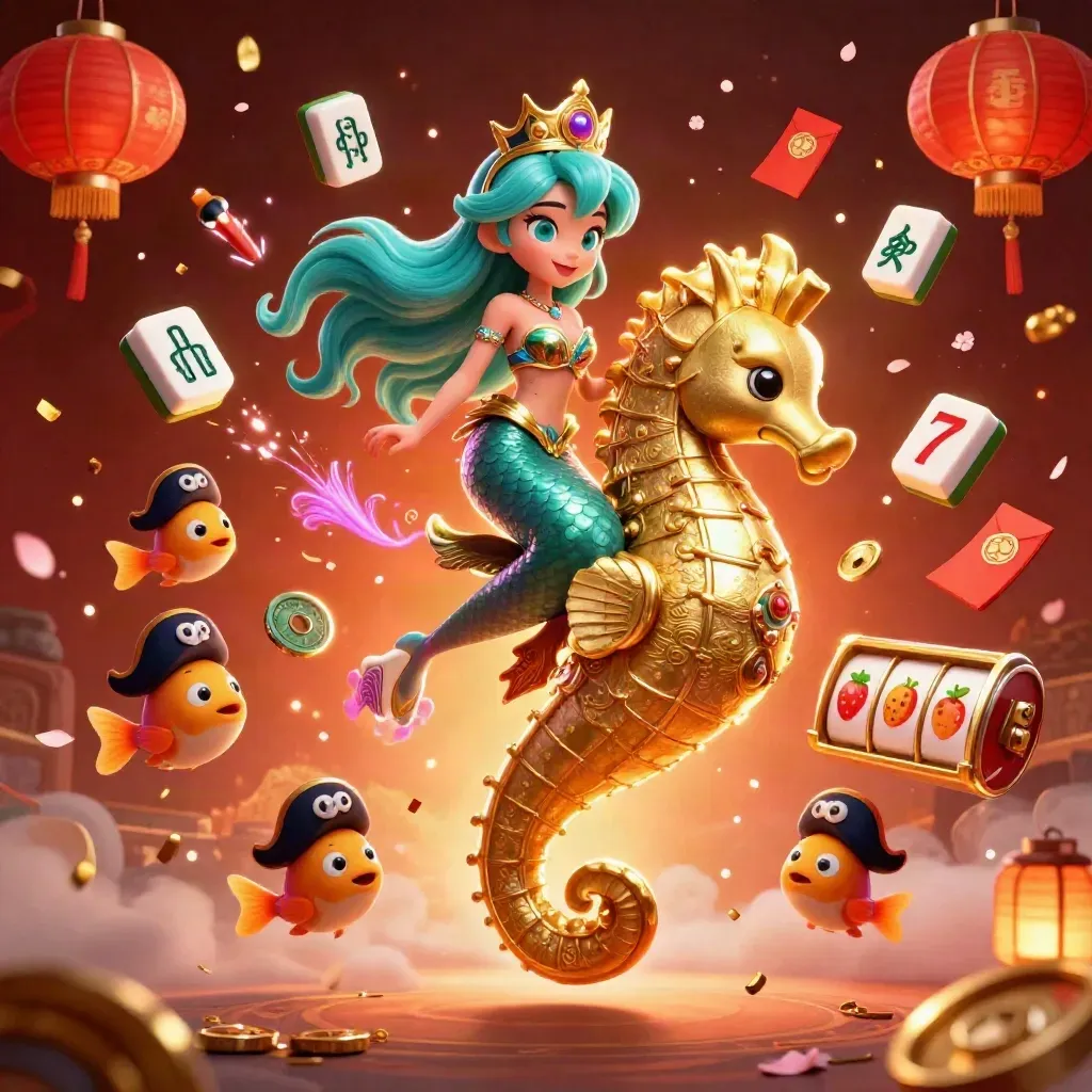 Mermaid princess rides an armored seahorse amid casino symbols and glowing lanterns.