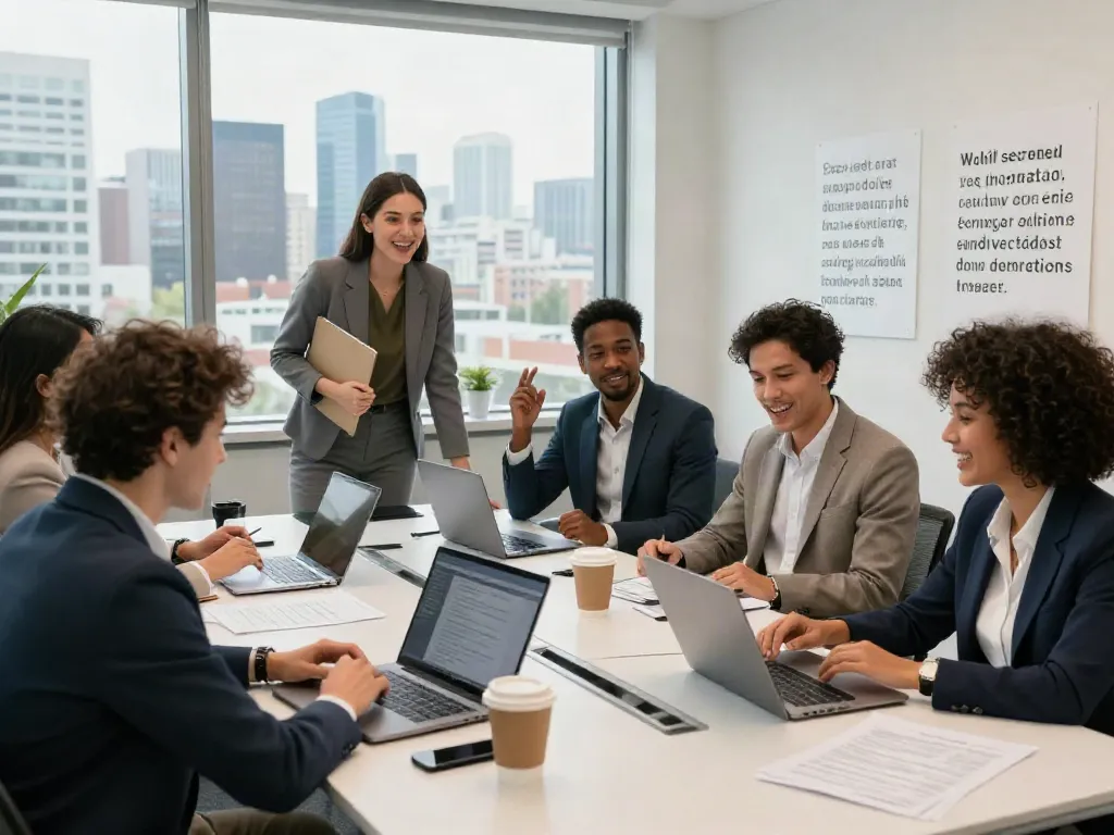 Job seekers engaging in a productive discussion about หางาน in a modern office.